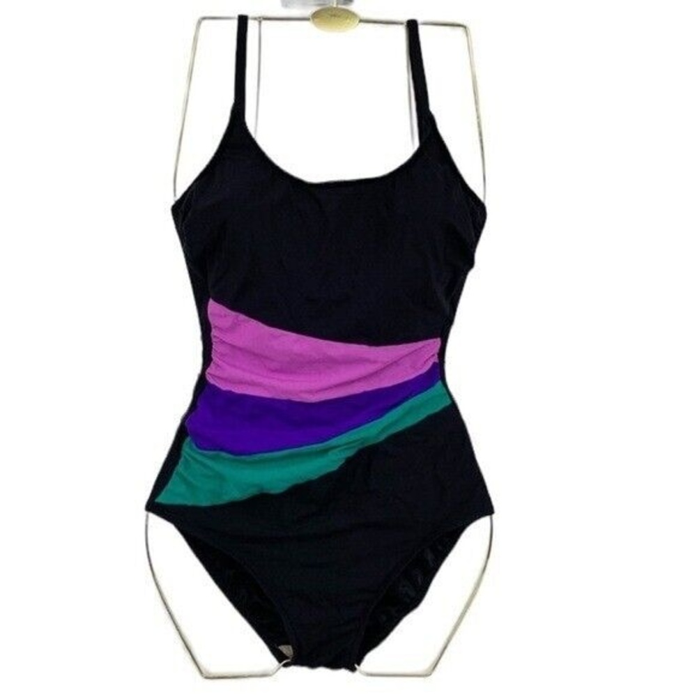 Robby Len Swim Fashions‎ One Piece Swimsuit Size 12 Black Colorblock Vtg 80s